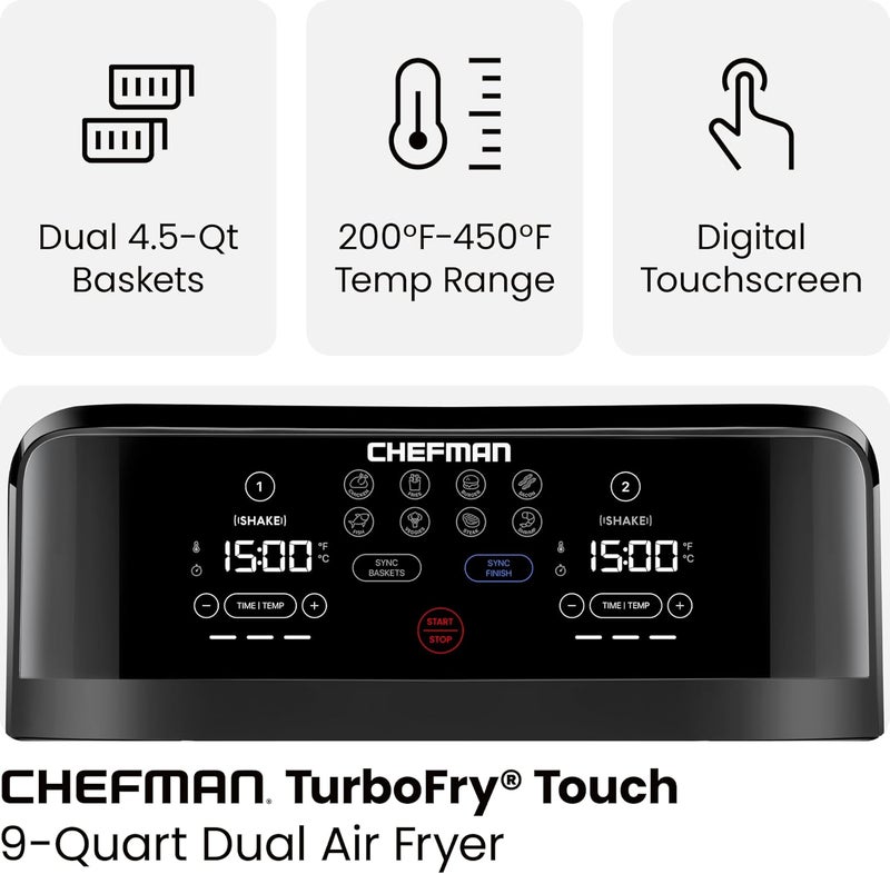 Chefman TurboFry Touch Dual Air Fryer, Maximize The Healthiest Meals With Double Basket Capacity, One-Touch Digital Controls And Shake Reminder For The Perfect Crispy And Low-Calorie Finish - Image 3